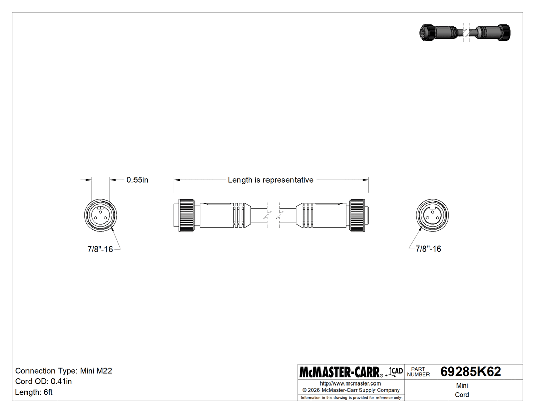 Technical Drawing of Mini Cord, Plug x Straight Socket, Internal Threads, 3 Poles, 6' Long.